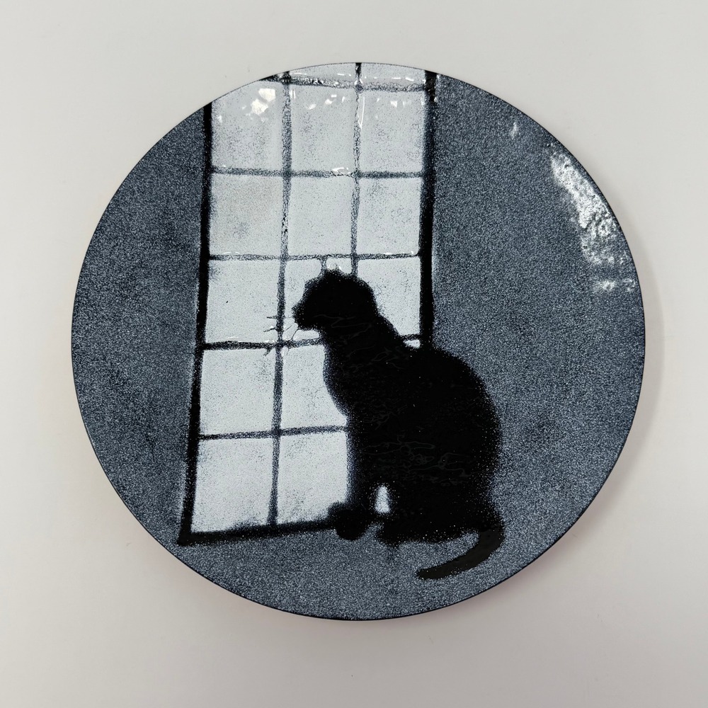 Ray Storch 2011 Enamel on Copper Plate Black Cat Silhouette Window Art 8.25"
